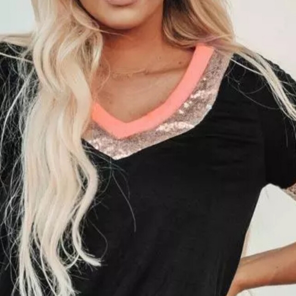 GOLD SEQUIN CORAL COLORBLOCK V-NECK TEE - Picture 5 of 6